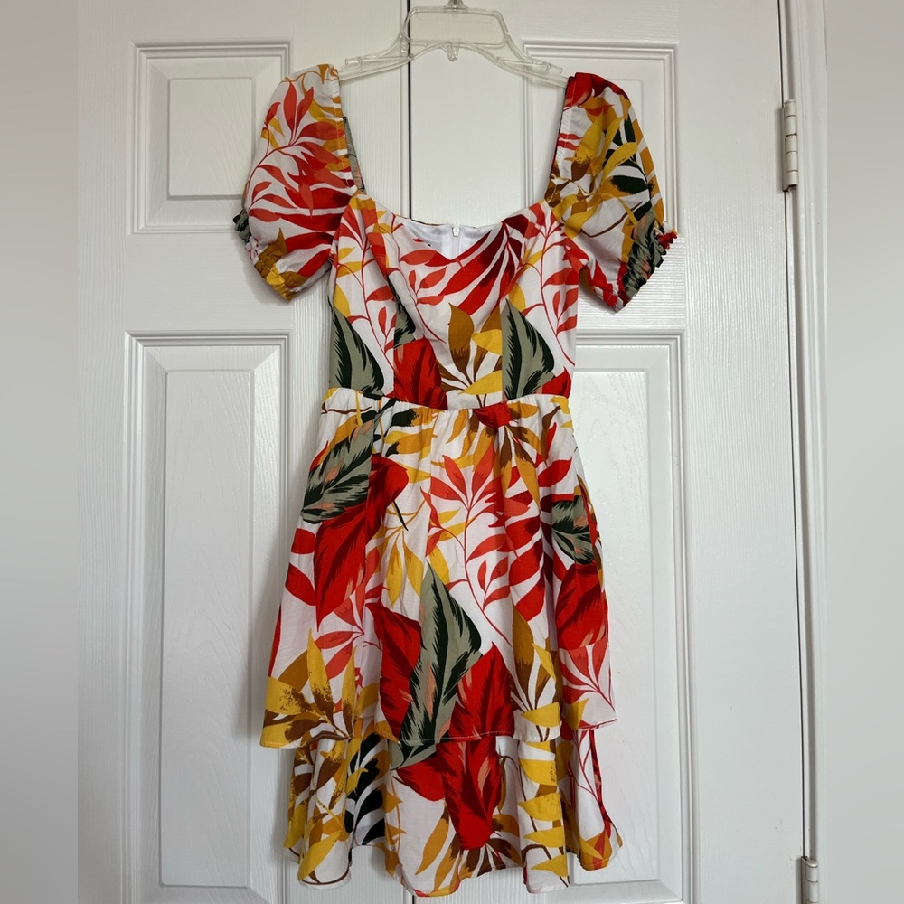 Red Yellow Green Puff Sleeve Mini Sundress